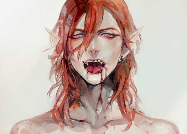 Anime picture 1200x864 with uta no prince-sama a-1 pictures jinguji ren kusari n ba (kigou) single long hair looking at viewer open mouth blue eyes simple background bare shoulders pointy ears orange hair grey background teeth fang (fangs) vampire horror boy earrings