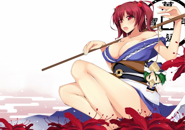 Anime picture 1000x705 with touhou onozuka komachi dean single blush short hair breasts open mouth light erotic large breasts red hair pink eyes two side up girl dress flower (flowers) doll (dolls)