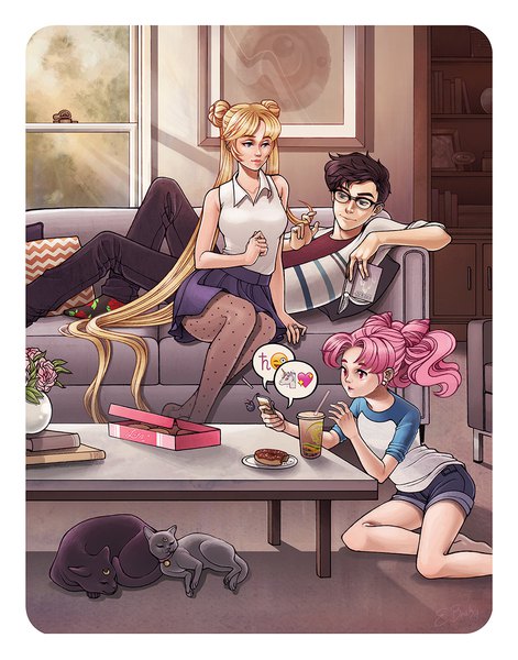 Anime picture 912x1160 with bishoujo senshi sailor moon toei animation tsukino usagi chibiusa chiba mamoru luna (sailor moon) diana elizabethbeals long hair tall image short hair blue eyes black hair blonde hair red eyes sitting twintails multiple girls pink hair indoors