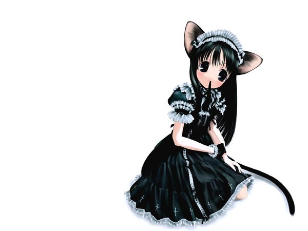 Anime picture 1600x1200 with aojiru single long hair black hair white background holding animal ears full body tail head tilt animal tail black eyes maid mouth hold third-party edit jpeg artifacts extended mouse girl mousegirl girl