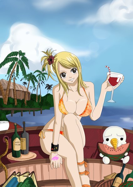 Anime picture 2507x3541 with fairy tail lucy heartfilia plue long hair tall image highres light erotic blonde hair brown eyes sky cloud (clouds) black eyes tattoo one side up bad proportions girl hair ornament swimsuit plant (plants) animal