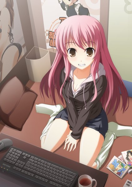 Anime picture 2480x3508 with original kokuyo ishi (artist) long hair tall image looking at viewer highres sitting brown eyes pink hair girl skirt socks pillow book (books) white socks mug computer keyboard computer mouse