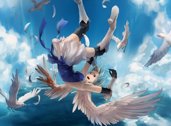 Anime picture 1500x1111 with mahou shoujo madoka magica shaft (studio) miki sayaka mizuhanada open mouth blue eyes blue hair sky cloud (clouds) angel wings falling girl gloves bow animal wings water boots bird (birds) thigh boots