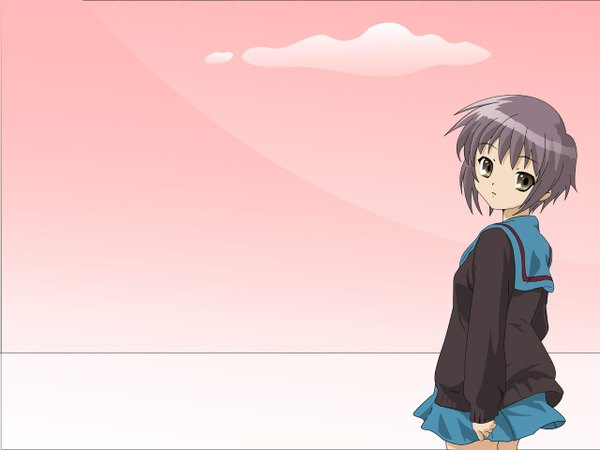 Anime picture 1280x960 with suzumiya haruhi no yuutsu kyoto animation nagato yuki single looking at viewer fringe short hair simple background cloud (clouds) looking back grey hair grey eyes pink background girl uniform school uniform