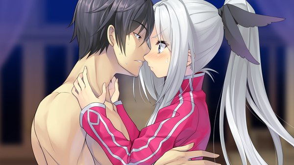 Anime picture 1280x720 with tokeijikake no ley line koga mitsuyoshi mibu tsubaki urabi (tomatohouse) long hair blush short hair blue eyes black hair wide image game cg white hair ponytail couple almost kiss girl boy