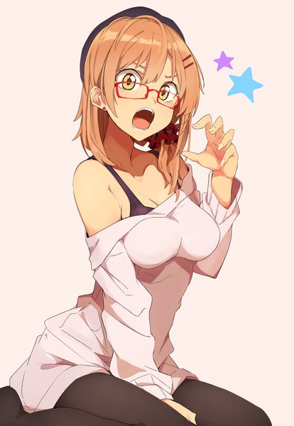 Anime picture 2220x3213 with original kazenoko single tall image looking at viewer blush fringe highres short hair breasts open mouth light erotic simple background sitting yellow eyes payot cleavage fingernails orange hair off shoulder