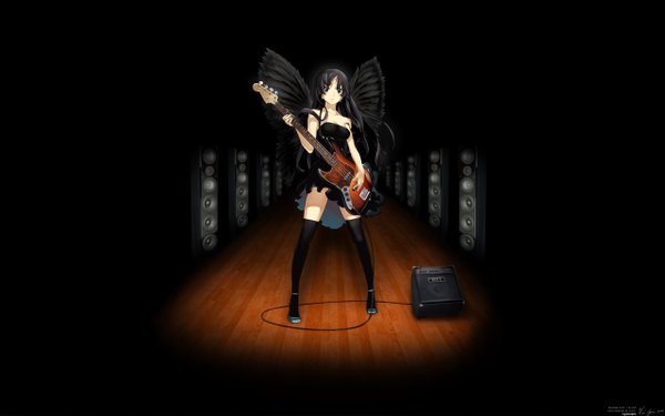 Anime picture 2560x1600 with k-on! kyoto animation akiyama mio nagi ryou single long hair highres blue eyes black hair wide image wallpaper black background third-party edit girl thighhighs dress black thighhighs wings black dress musical instrument