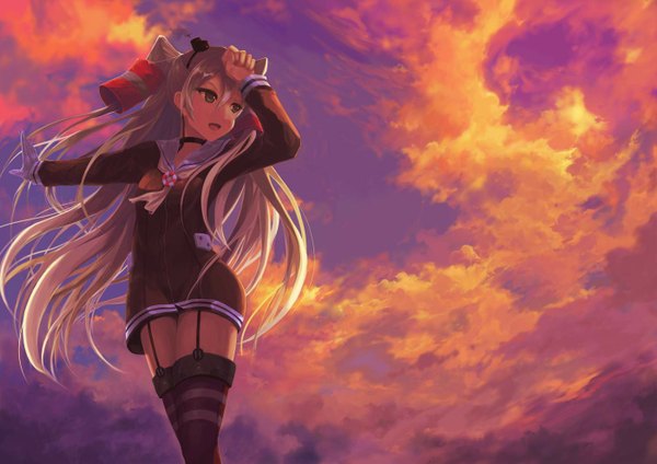 Anime picture 1400x990 with kantai collection amatsukaze destroyer sorano eika single long hair looking away sky silver hair cloud (clouds) grey eyes two side up zettai ryouiki outstretched arm jpeg artifacts girl thighhighs dress gloves hair ornament hat