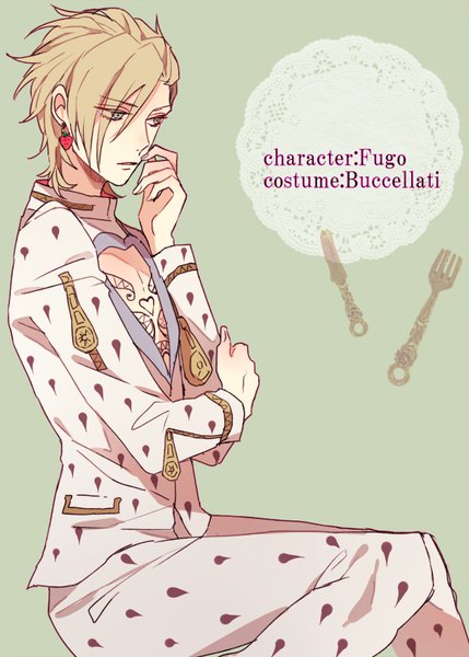 Anime picture 610x852 with jojo no kimyou na bouken pannacotta fugo shijima tohiro single tall image fringe short hair simple background blonde hair sitting looking away hair over one eye grey eyes character names cosplay hand to mouth green background bruno buccellati (cosplay) boy earrings