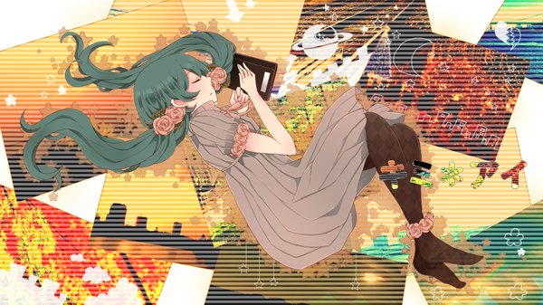 Anime picture 1920x1080 with vocaloid hatsune miku tagme (artist) long hair highres wide image twintails eyes closed hair flower green hair sleeping girl dress hair ornament picture