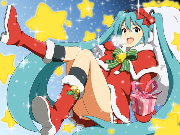 Anime picture 1280x960 with vocaloid hatsune miku travesters (artist) single fringe open mouth hair between eyes twintails bent knee (knees) very long hair aqua eyes aqua hair sparkle christmas soles exhalation merry christmas girl skirt bow