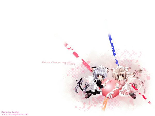Anime picture 1024x768 with gagraphic nekoneko long hair white background multiple girls brown eyes signed animal ears tail animal tail cat ears maid cat girl cat tail loli third-party edit tail ribbon girl ribbon (ribbons) 2 girls