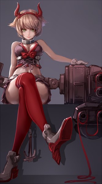 Anime picture 1000x1800 with kantai collection mutsu battleship labombardier! single tall image looking at viewer fringe short hair breasts blonde hair sitting green eyes horn (horns) bare belly shadow midriff alternate costume sleeveless crossed legs girl