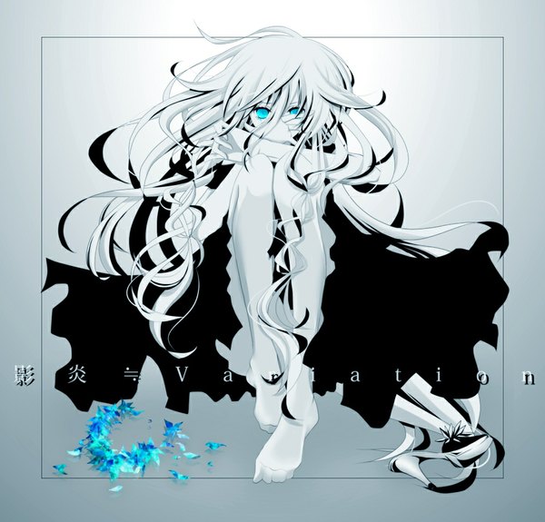 Anime picture 1000x959 with vocaloid ia (vocaloid) aonoe single looking at viewer fringe very long hair barefoot aqua eyes alternate costume glowing glowing eye (eyes) girl shoes