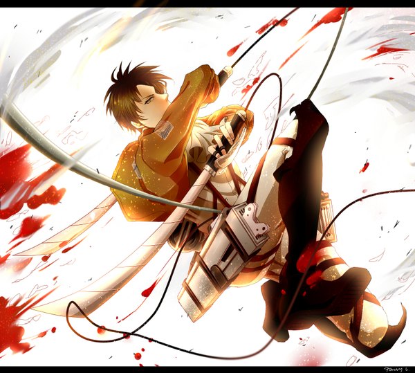 Anime picture 1556x1400 with shingeki no kyojin production i.g levi (rivaille) emily (fansy_l) single looking at viewer short hair brown hair holding green eyes dual wielding boy uniform weapon sword jacket belt thigh strap blood thigh boots