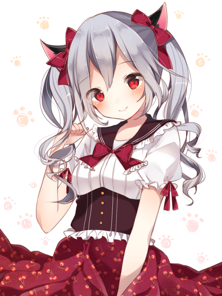 Anime picture 1014x1347 with idolmaster idolmaster cinderella girls kanzaki ranko shiino sera (gelatin) single long hair tall image blush fringe smile red eyes twintails silver hair drill hair paw print food print footprints cherry print girl bow