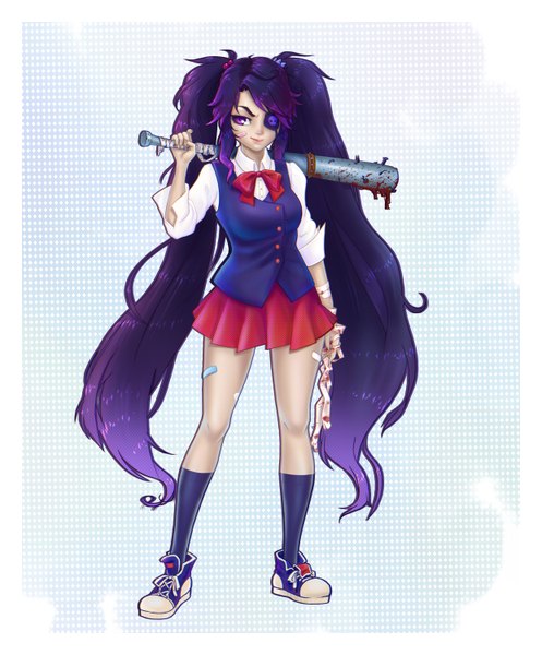 Anime picture 2484x3000 with olga narhova single tall image highres simple background smile standing purple eyes twintails purple hair very long hair eyebrows girl skirt uniform school uniform miniskirt socks shoes eyepatch