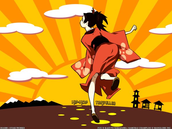 Anime picture 1600x1200 with samurai champloo fuu (samurai champloo) single looking at viewer simple background brown hair brown eyes ponytail traditional clothes japanese clothes looking back from behind wallpaper gradient background vector running orange background girl kimono yukata