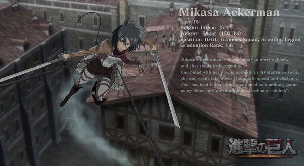 Anime picture 3960x2160 with shingeki no kyojin production i.g mikasa ackerman highres short hair black hair wide image holding absurdres black eyes inscription dual wielding girl weapon sword boots belt scarf thigh strap house
