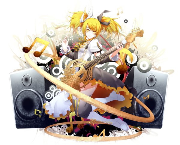 Anime picture 1500x1211 with vocaloid meltdown (vocaloid) kagamine rin phino (jinko0094) single long hair looking at viewer blonde hair smile twintails yellow eyes girl thighhighs dress bow black thighhighs hair bow boots guitar musical note