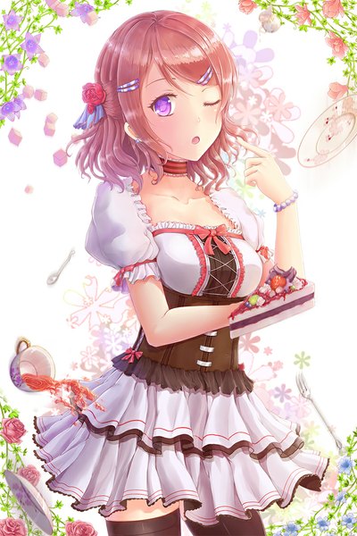 Anime picture 750x1125 with love live! school idol project sunrise (studio) love live! nishikino maki chiru (pixiv1253734) single tall image looking at viewer blush short hair open mouth purple eyes red hair one eye closed hair flower underbust girl thighhighs dress hair ornament