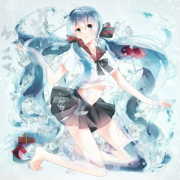 Anime picture 2000x2000 with vocaloid hatsune miku bottle miku zbk single highres blue eyes twintails blue hair very long hair legs liquid hair girl skirt ribbon (ribbons) hair ribbon miniskirt serafuku fish (fishes)