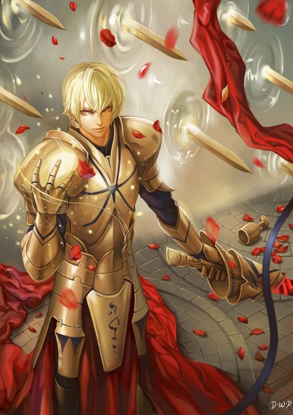 Anime picture 992x1404 with fate (series) fate/stay night fate/zero studio deen type-moon gilgamesh (fate) dantewontdie tall image looking at viewer fringe short hair blonde hair standing holding signed from above lips inscription orange eyes glow