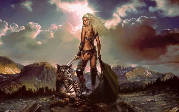 Anime picture 1920x1200 with original pablo fernandez single long hair highres wide image cloud (clouds) white hair pointy ears tattoo mountain warrior girl weapon animal sword tiger