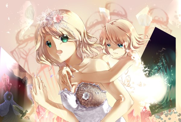 Anime picture 2551x1729 with vocaloid kagamine rin hmniao highres short hair open mouth light erotic blonde hair multiple girls green eyes girl dress hair ornament 2 girls