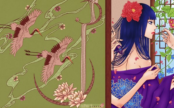 Anime picture 1920x1200 with bride of the water god soah tina18 long hair highres blue eyes wide image bare shoulders blue hair japanese clothes profile hair flower vector girl hair ornament plant (plants) animal petals kimono bird (birds)