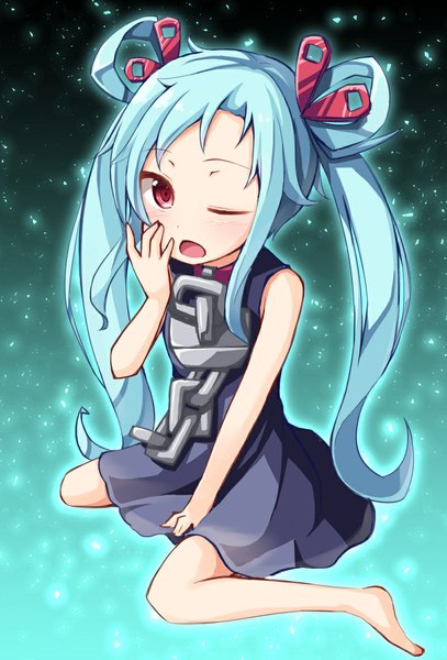 Anime picture 800x1178 with ominaeshi (takenoko) long hair tall image looking at viewer open mouth sitting bare shoulders braid (braids) one eye closed pink eyes blurry aqua hair bare legs loli twin braids yawn dress hair ornament hairclip black dress