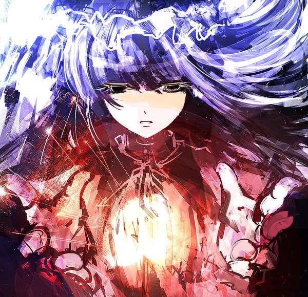 Anime picture 1000x968 with touhou patchouli knowledge mark (abenyugu) single long hair blue hair black eyes magic light outstretched hand girl bonnet