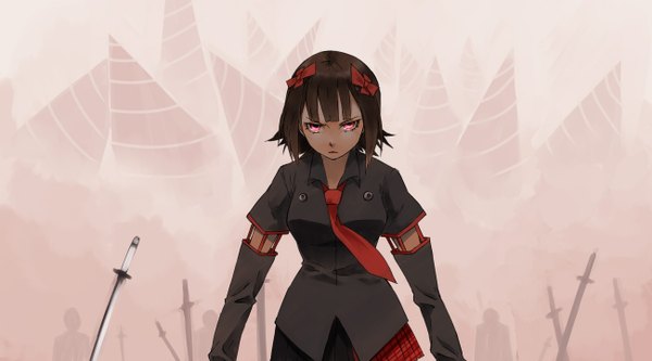 Anime picture 1300x722 with mono shima single looking at viewer fringe short hair brown hair wide image pink eyes silhouette girl bow weapon hair bow sword necktie katana