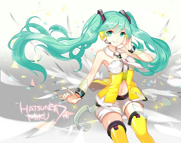 Anime picture 1063x840 with vocaloid yellow (vocaloid) hatsune miku apring single long hair looking at viewer smile twintails bare shoulders nail polish aqua eyes aqua hair grey background bare belly character names aqua nail polish girl thighhighs navel