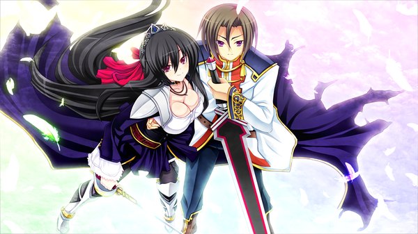 Anime picture 1024x576 with legend seven (game) long hair short hair black hair smile red eyes wide image purple eyes game cg couple girl dress boy weapon sword