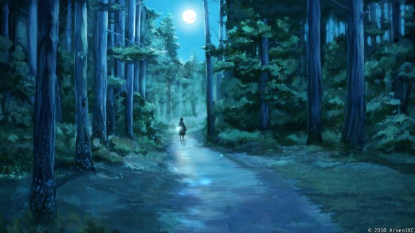 Anime picture 1400x788 with original arsenixc single wide image standing sky night silhouette plant (plants) tree (trees) full moon forest lantern path
