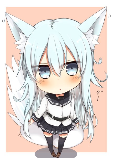 Anime picture 2450x3417 with kantai collection hibiki destroyer verniy destroyer nonono (mino) single long hair tall image looking at viewer blush fringe highres simple background hair between eyes standing animal ears silver hair tail long sleeves animal tail from above