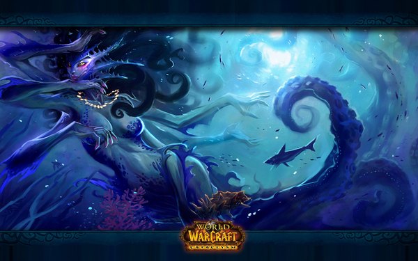Anime picture 1680x1050 with world of warcraft blizzard entertainment jian guo (breathing) wide image yellow eyes wallpaper underwater girl necklace fish (fishes) hands tentacles coral octopus shark