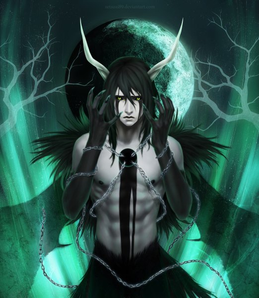 Anime picture 4213x4840 with bleach studio pierrot ulquiorra schiffer zetsuai89 single long hair tall image highres black hair green eyes absurdres nipples horn (horns) realistic pale skin espada boy wings moon chain