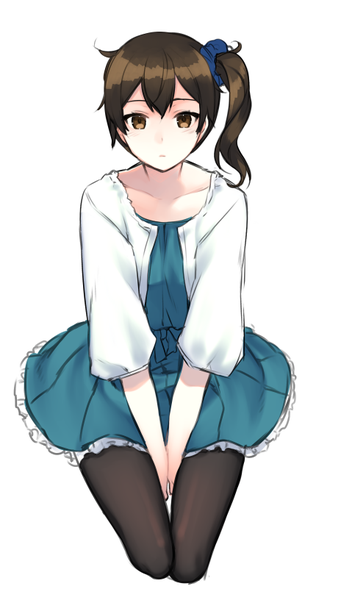 Anime picture 464x816 with kantai collection kaga aircraft carrier lio (rumei2265874644) single tall image fringe short hair simple background hair between eyes brown hair white background sitting brown eyes ahoge from above side ponytail between legs girl pantyhose black pantyhose