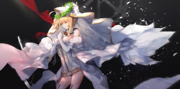Anime picture 5953x2976 with fate (series) fate/grand order fate/extra fate/extra ccc nero claudius (fate) (all) nero claudius (fate) nero claudius (bride) (fate) swd3e2 single blush fringe highres short hair breasts light erotic simple background blonde hair smile hair between eyes wide image