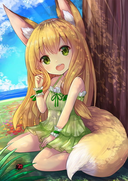 Anime picture 800x1130 with original u rin single long hair tall image looking at viewer blush fringe open mouth blonde hair hair between eyes sitting green eyes animal ears sky cloud (clouds) bent knee (knees) tail animal tail sunlight
