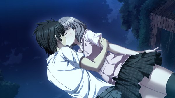 Anime picture 1280x720 with hatsukoi sacrament kasugai iroha hiiragi yuuhi short hair black hair brown hair wide image game cg couple tears kiss girl boy