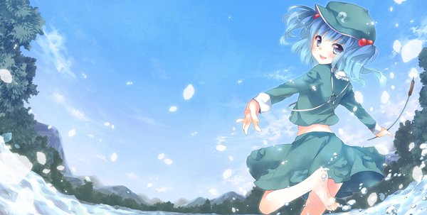Anime picture 1581x800 with touhou kawashiro nitori ech single blush short hair open mouth blue eyes smile wide image blue hair sky cloud (clouds) looking back barefoot girl skirt miniskirt water skirt set