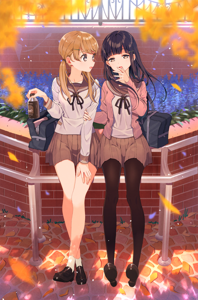Anime picture 1180x1784 with original shirakino long hair tall image looking at viewer fringe open mouth black hair brown hair sitting twintails multiple girls holding brown eyes looking away full body outdoors profile pleated skirt wind