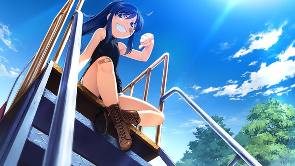 Anime picture 1024x576 with grisaia no kajitsu long hair blue eyes black hair wide image game cg ponytail girl shorts boots child (children)