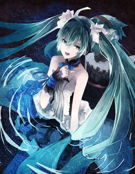 Anime picture 779x1000 with 7th dragon 7th dragon 2020 vocaloid hatsune miku yuuichi (4561643) tall image fringe short hair open mouth twintails bare shoulders looking away very long hair aqua eyes aqua hair sleeveless hand on chest singing girl hair ornament