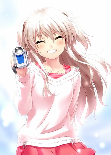Anime picture 600x841 with charlotte p.a. works tomori nao zen (kamuro) single long hair tall image blush fringe open mouth smile holding sky silver hair cloud (clouds) upper body eyes closed pleated skirt two side up happy