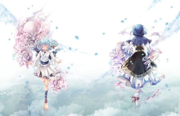 Anime picture 1938x1250 with touhou kumoi ichirin unzan toropp (artist) long hair highres smile blue hair sky cloud (clouds) eyes closed traditional clothes japanese clothes barefoot from behind magic dual persona fog girl short kimono