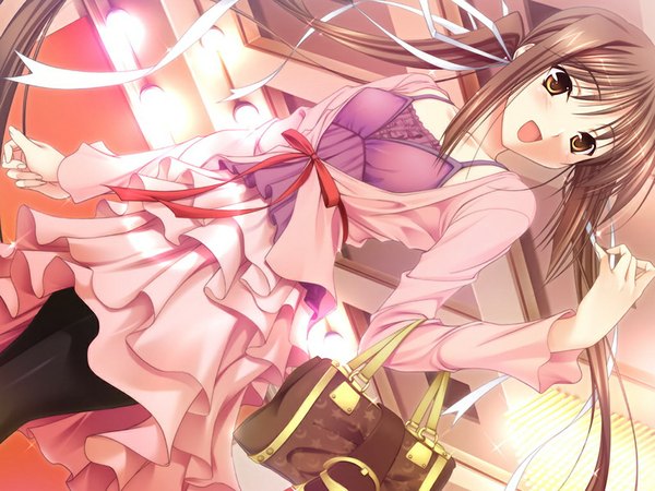 Anime picture 1024x768 with princess lover houjouin seika long hair open mouth brown hair twintails brown eyes game cg girl dress ribbon (ribbons) hair ribbon